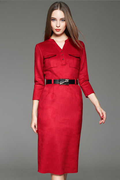WOMEN'S FORMAL V NECK WEAR TO WORK 3/4 SLEEVE MIDI DRESS