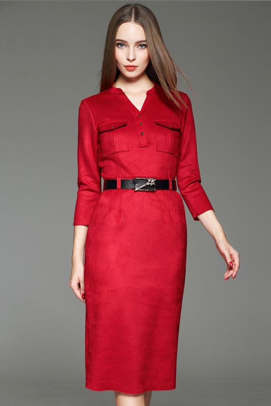 WOMEN'S FORMAL V NECK WEAR TO WORK 3/4 SLEEVE MIDI DRESS