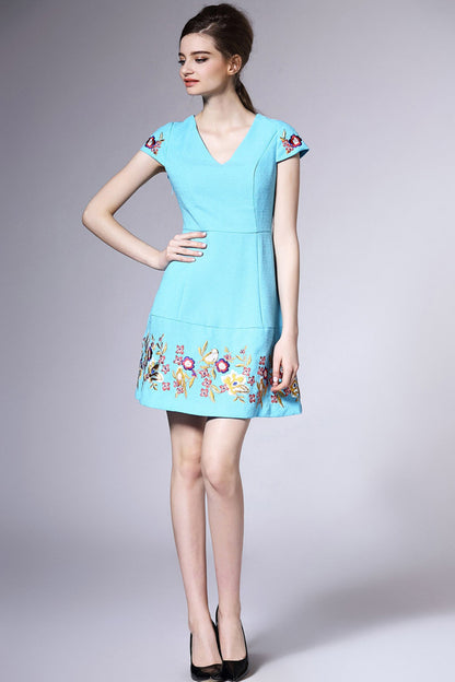 V NECK A-LINE CAP SLEEEVE EMBROIDERY FLOWER CASUAL DRESS
