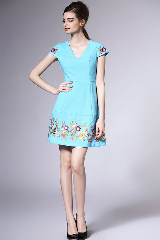 V NECK A-LINE CAP SLEEEVE EMBROIDERY FLOWER CASUAL DRESS