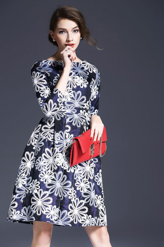 Boat Neck Floral Embroidery Pleated Full Dress