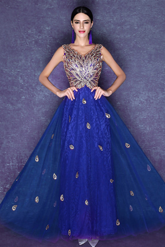 Deep V Neck Sequined Beaded Peacock Grown Dress