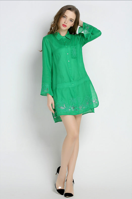 Slit Sleeve Emboridered Cotton Solid Button Down Shirt