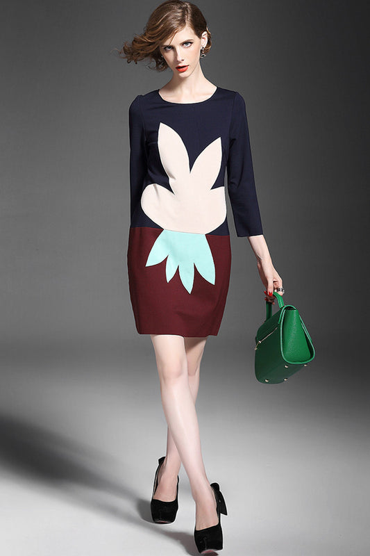 WOMEN'S CASUAL PRINT AND FLORAL ROUND NECK 3/4 SLEEVE VOCATION SHORT DRESS