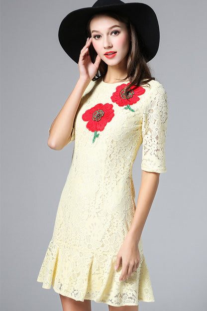 1/2 Sleeve Lace Ruffle Bottom Short Dress