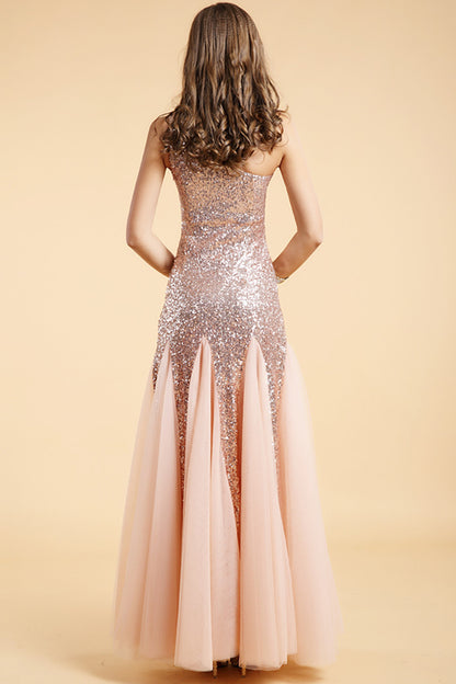 Sloping Shoulder Sequin Top Pleated Bottom Dress