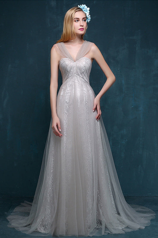 Deep V Neck Sweetheart  Back Bowknot Tulle Overlaid Floor Length Grown