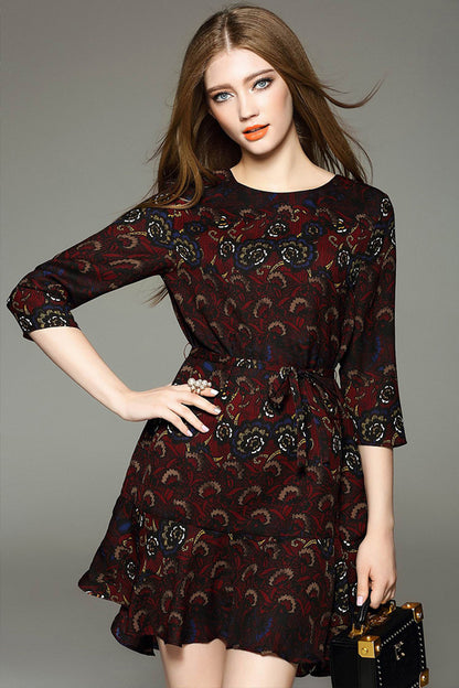 Round Collar Vintage Pattern Ruffle Hem Lacing Waist Linen Dress