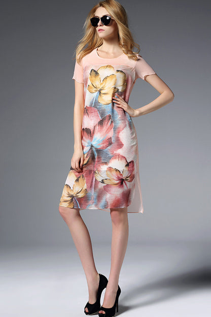[50% OFF TILL 8 APR] Round Collar Flowers Print Side Slit Irregular Dress