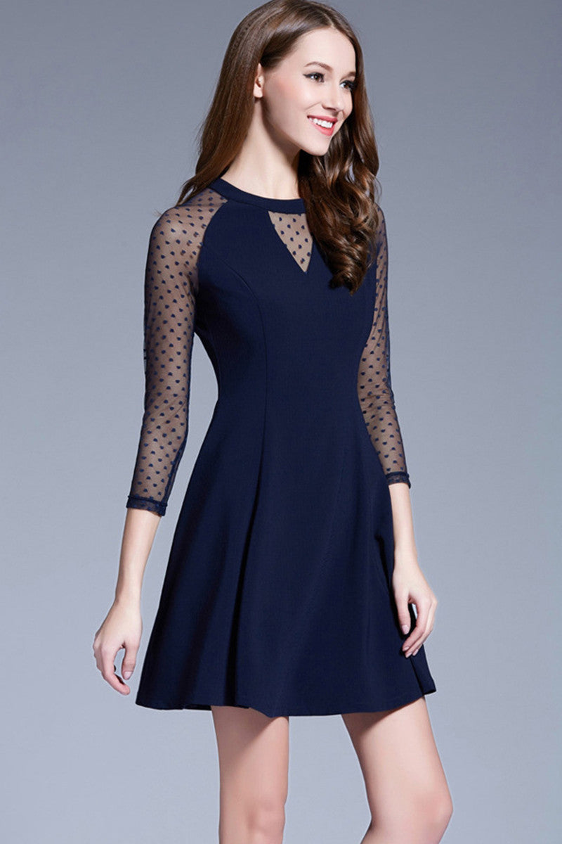 Dot Lace Paneled Round Neck Short Cocktail Dress