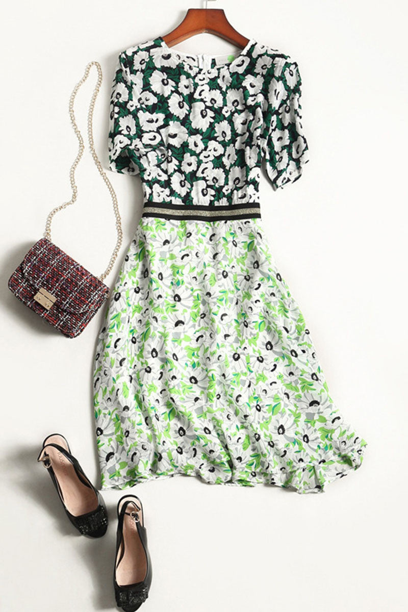 SLIM FLOWER PRINTING A-LINE CASUAL DRESS
