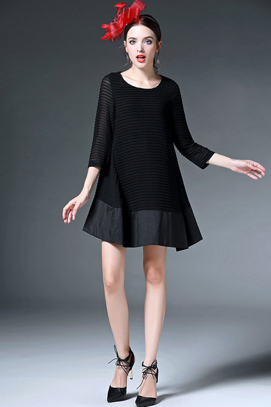 Women's Stripe Black Loose Dress 3/4 Sleeve Boat Neck Casual Dress
