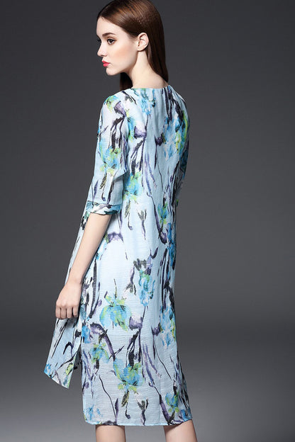 Round Collar Vintage Floral Print Short Front Back Long Dress