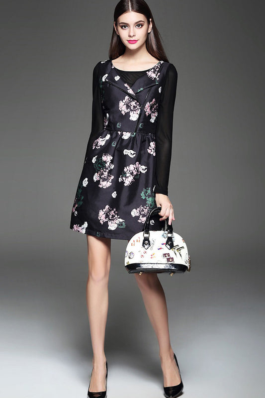 WOMEN'S FLOWER PRINTING LONG SLEEVE ROUND NECK SHORT DRESS