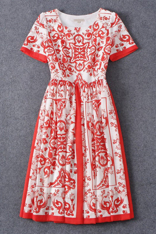 Tribal Print Linen Midi Casual Dress