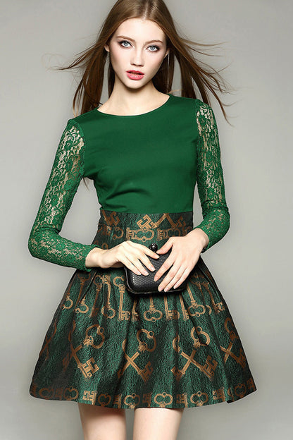 Women's Slim Lace Dress Boat Neck Long Sleeve Printing Short Dress
