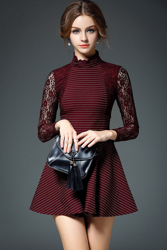 Thin Stripe Joint Lace Little Mock Neck Dress