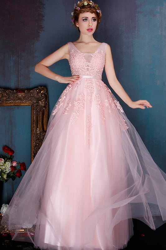 Deep V Neck  Sleeveless Lace Tulle Overlaid Open Back Prom Party Dress