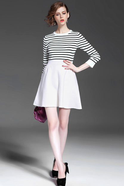Faux Stripe Top With Solid Flared Skirt Dress