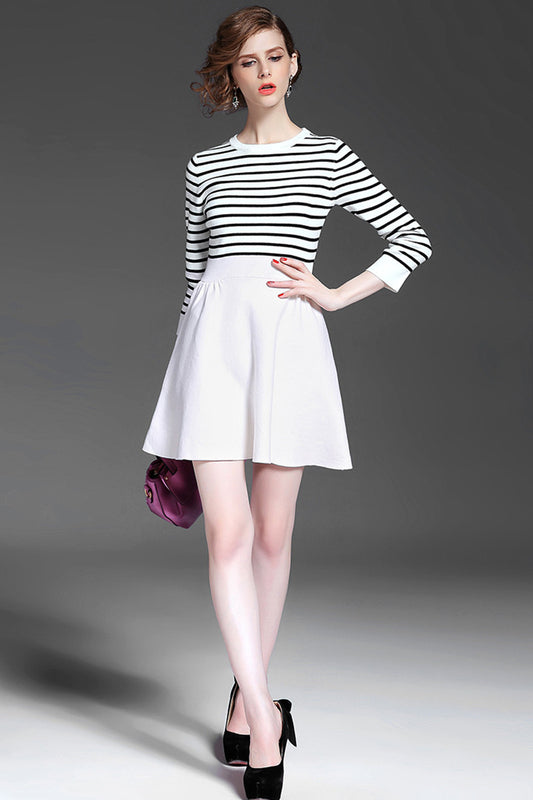 Faux Stripe Top With Solid Flared Skirt Dress