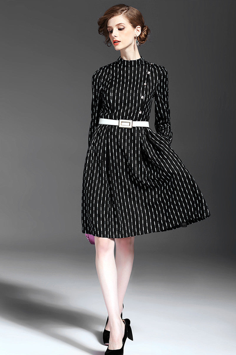 WOMEN'S ELEGANT STAND COLLAR WEAR STRIPE TO WORK MIDI DRESS