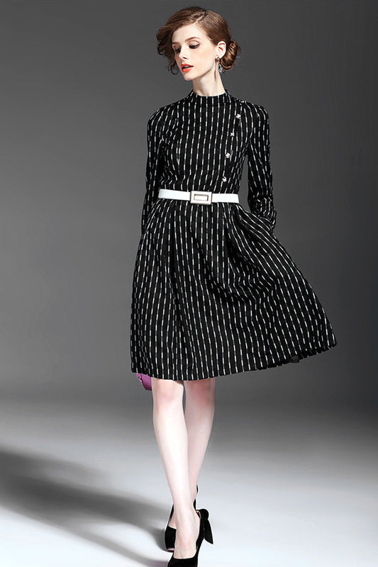 WOMEN'S ELEGANT STAND COLLAR WEAR STRIPE TO WORK MIDI DRESS