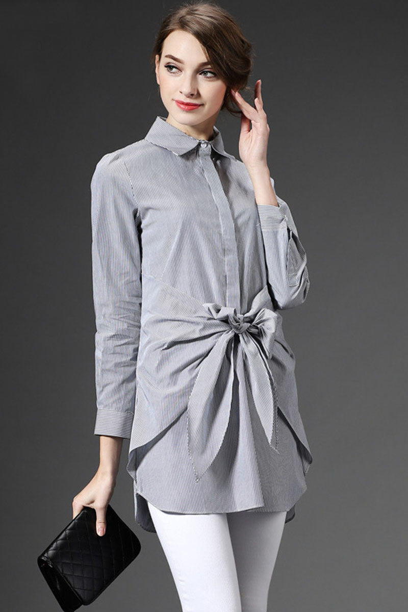 Roll Collar Stripe Line Print Bowknot Patchwork Irregular Shirt - NJOYDRESS - 1