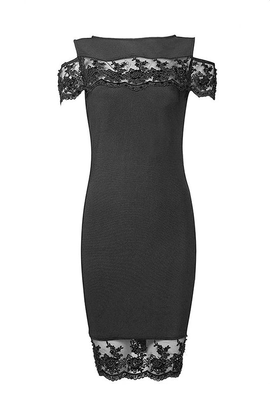 Lace Hem Sheer Mesh S-line Open Sleeve Club Dress
