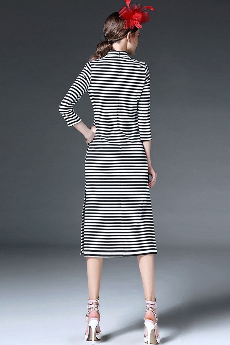 Little Turtle Neck Stripe Pattern Rose Jacquard 3/4Sleeve Chi-pao Button Side Slit Dress - NJOYDRESS - 3