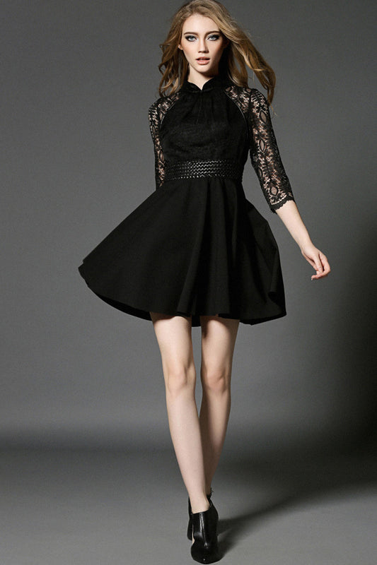 Stand Collar Hollow-Out Lace Patch Empire Waist Pleat Dress