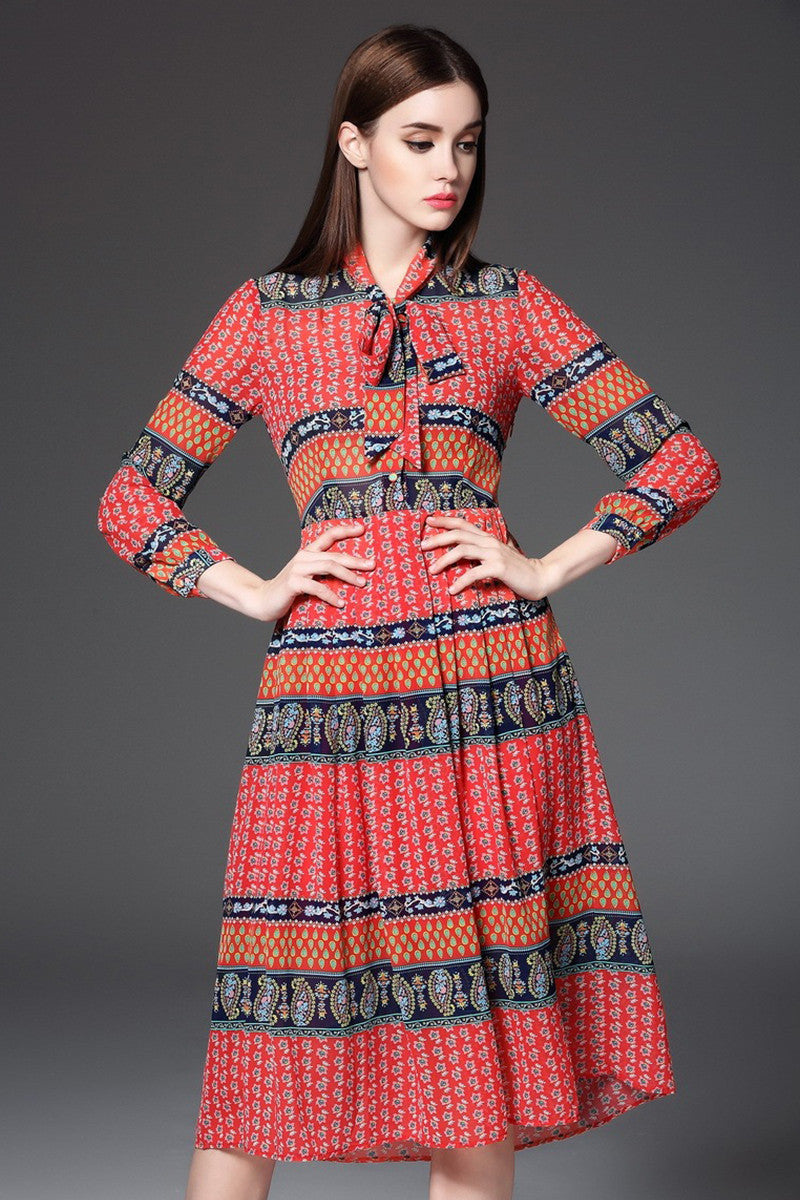 WOMEN'S ELEGANT STAND COLLAR VINTAGE 9 SLEEVE MIDI DRESS