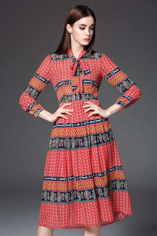 WOMEN'S ELEGANT STAND COLLAR VINTAGE 9 SLEEVE MIDI DRESS