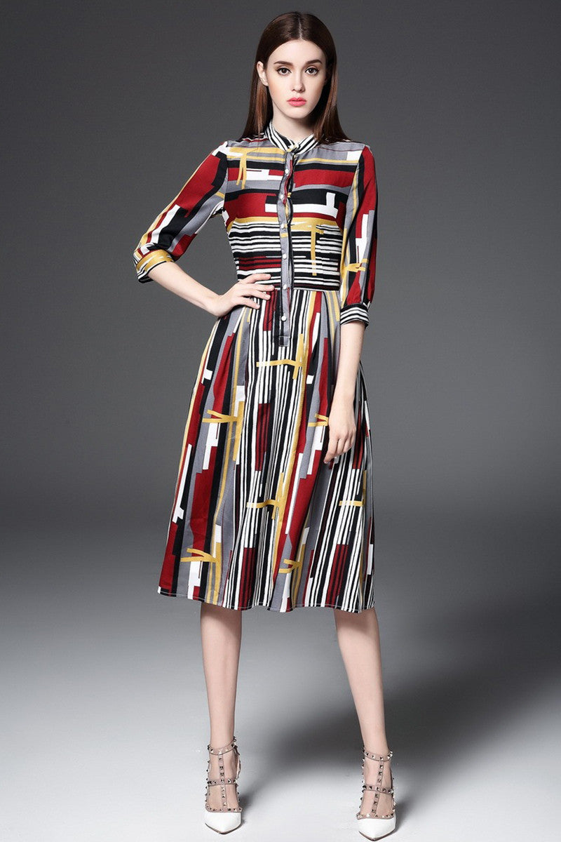 Stand Collar Geometry Multi Color Pattern Flare Dress