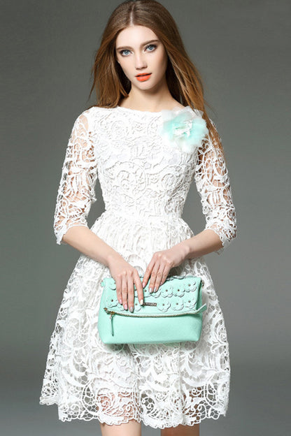 Brooch Decorationed Lace Fit-and-Flare Dress