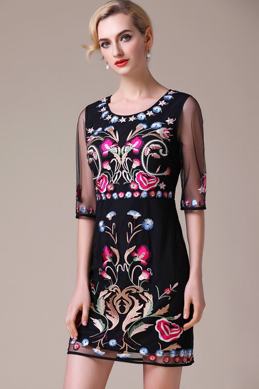 A round collar half lace sleeve black sea embroidery morality vintage thin dress