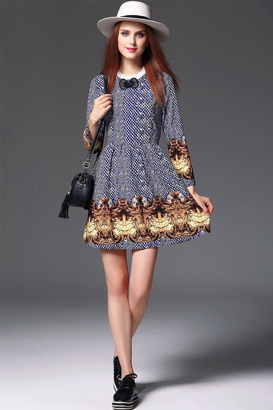 Women's Printing 9 Sleeve Casual Round Neck Short Dress