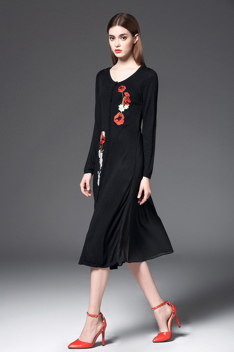 Round Collar Embroidered Flowers Button  Knit Midi Dress