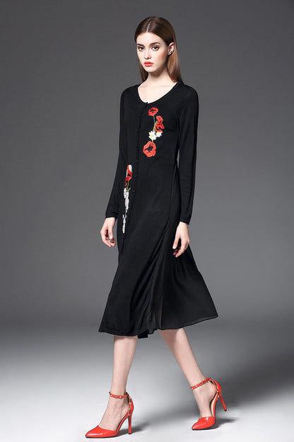 Round Collar Embroidered Flowers Button  Knit Midi Dress