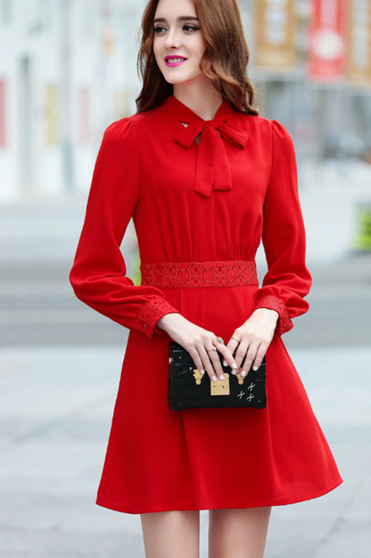 Bowknot Neck Long Sleeve Dress