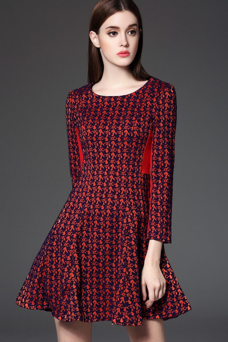 Round Collar Abstract Pattern Color Block Slim Falre Dress