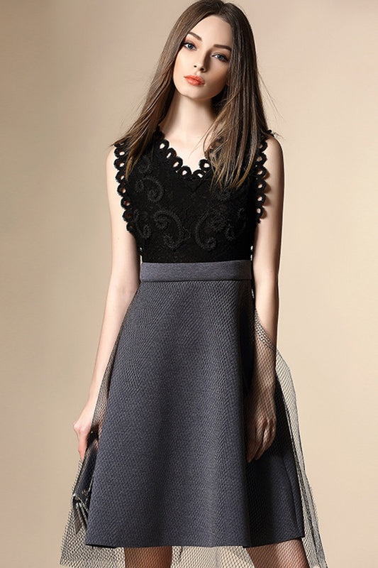 Faux Two Piece V-neck Lace Tops With Flared Mesh Skirt