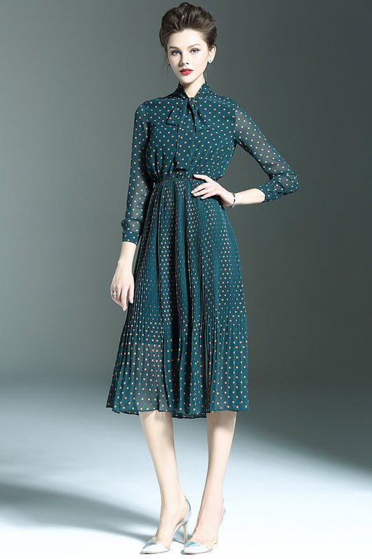 Lacing Neck Dots Print Slim Pleat Flare Midi Chiffon  Dress