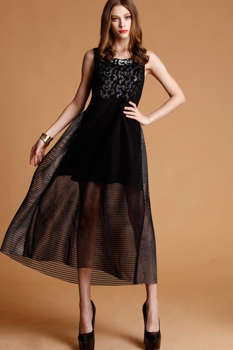 Round Collar Sequins Hollow Perspective Net Pleat Dress
