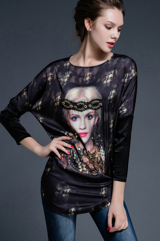 Round Collar Character Image Beaded Bat Sleeve Lace Back Top
