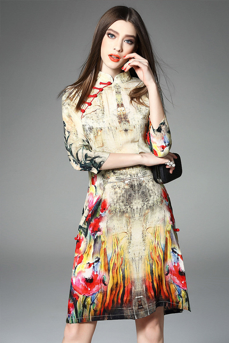 Elegant Vintage Print and Floral Cheongsam