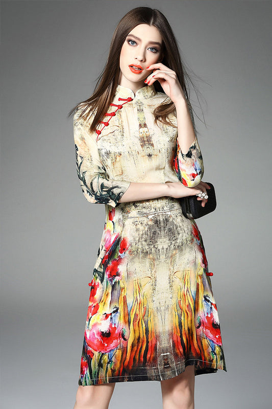 Elegant Vintage Print and Floral Cheongsam
