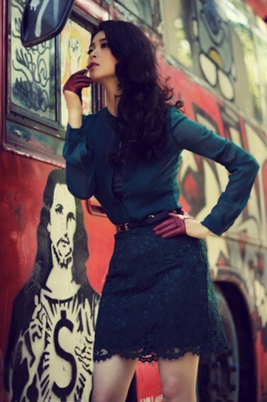 WOMEN'S SLIM LACE LONG SLEEVE STAND COLLAR DRESS WITH BELT