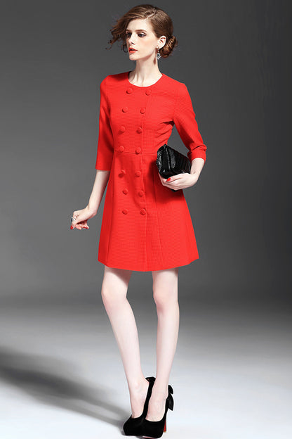 Round Collar  Double-Breasted A-Line Dress