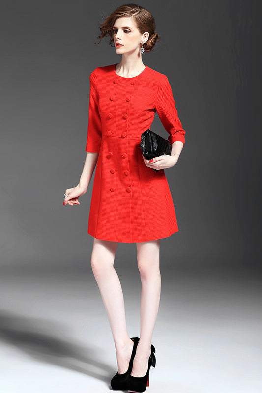 Round Collar  Double-Breasted A-Line Dress