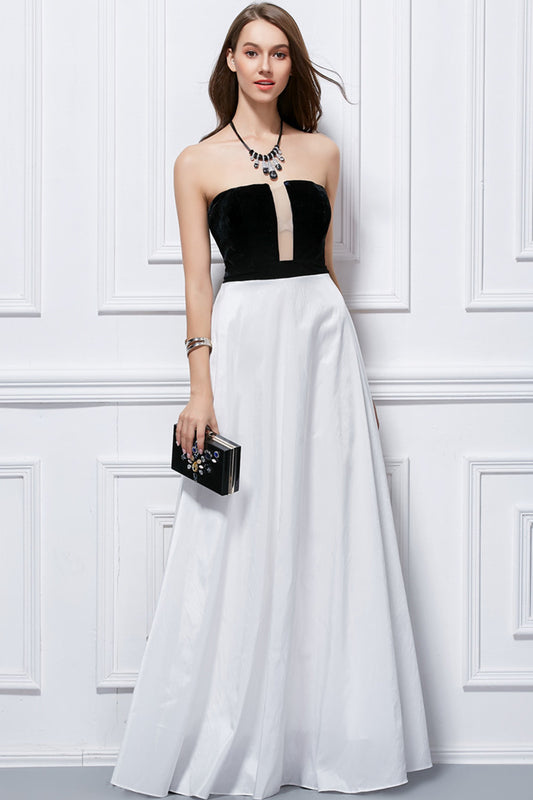 See Through Lace-Inset Bust Color Block Color Block Maxi Party Dress